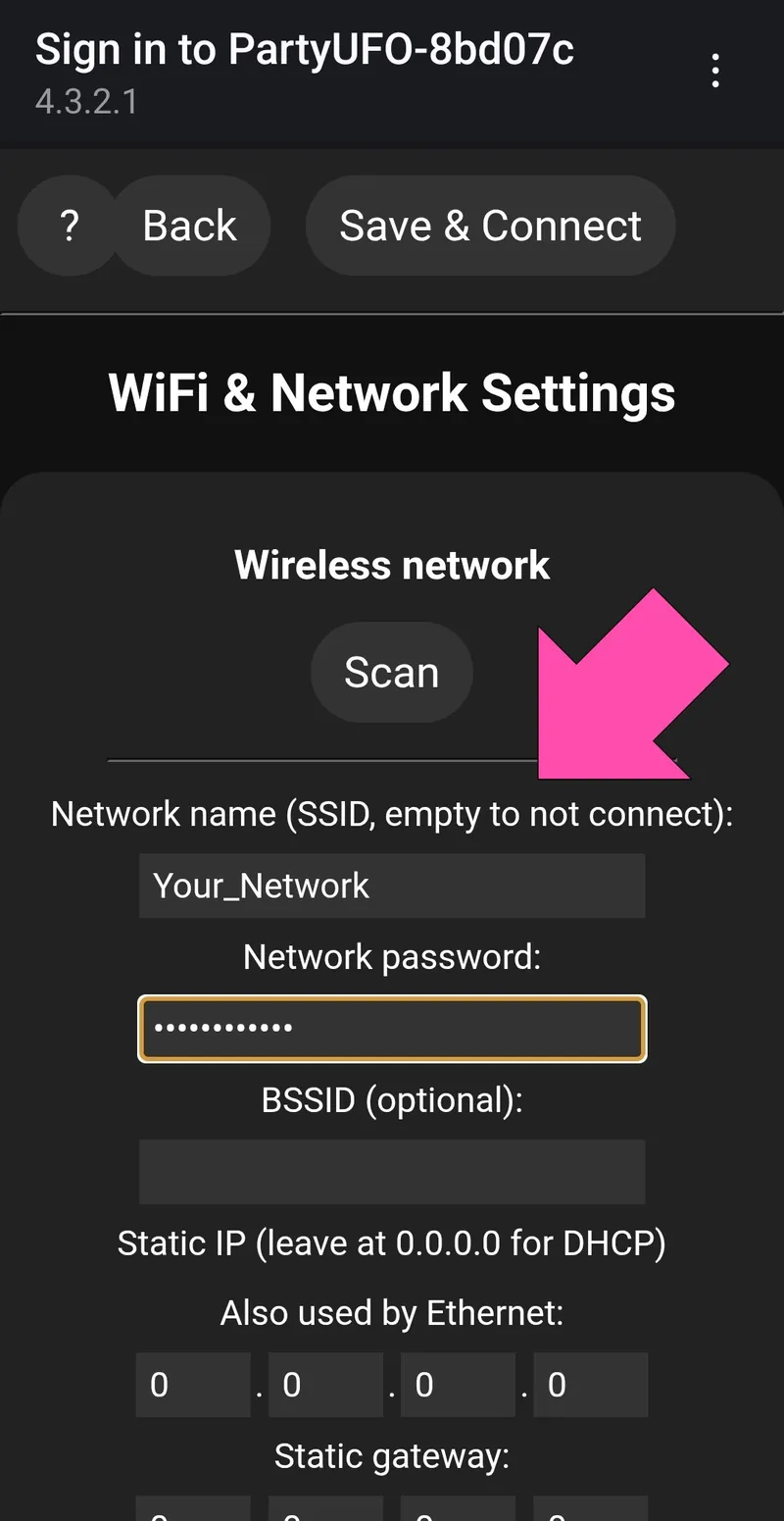 WLED wifi setup where the network name and password are entered